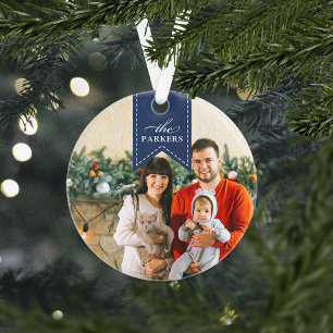 Navy Ribbon   Personalised Holiday Photo Ornament