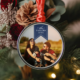 Navy Ribbon   Personalised Name & Year Photo Metal Tree Decoration
