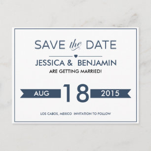 Navy Ribbon Save the Date Postcard