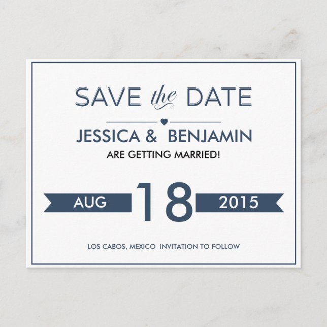 Navy Ribbon Save the Date Postcard (Front)
