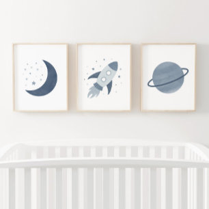 Navy Rocket Ship Moon Planet Outer Space Kids Room