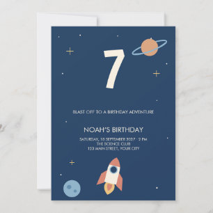 Navy Rocket Space Kids Birthday Invitation
