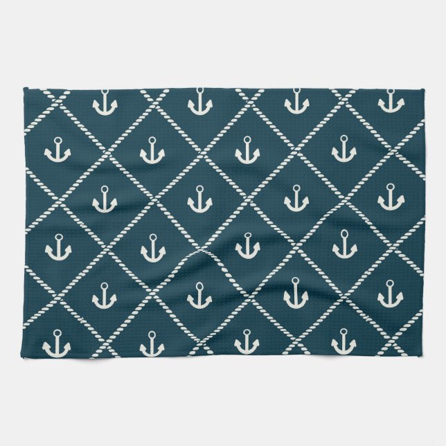 Navy Rope And Anchor Pattern Tea Towel (Horizontal)
