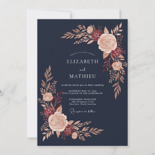 Navy Rose Autumn Bloom Wedding Invitation