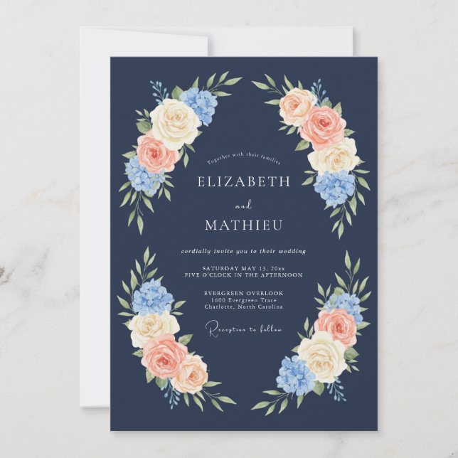 Navy Rose Blush Blossom Wedding Invitation (Front)