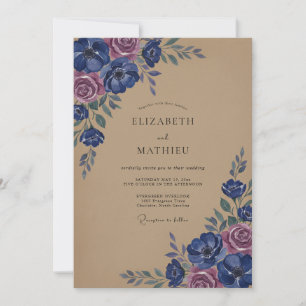 Navy Rose Botanical Flourish Wedding Invitation