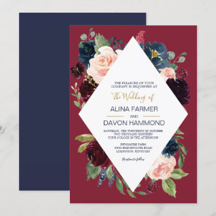 Navy Rose Burgundy Botanical Frame II Wedding Invitation