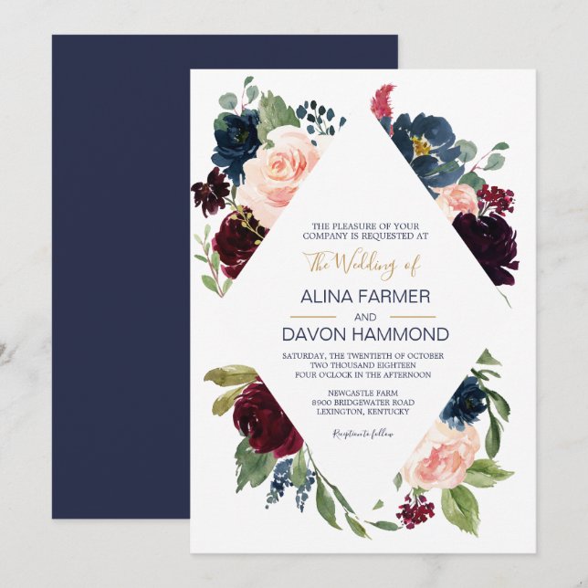 Navy Rose Burgundy Botanical Frame Wedding Invitation (Front/Back)