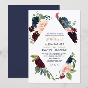 Navy Rose Burgundy Botanical Frame Wedding Invitation