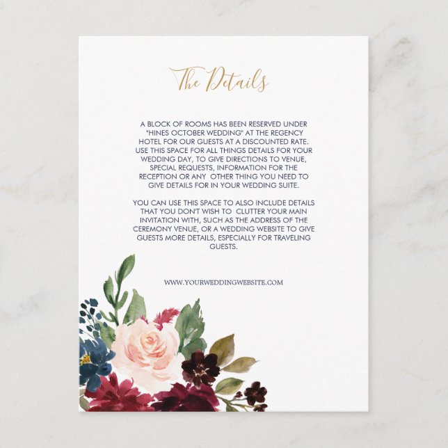 Navy Rose Burgundy Floral III Wedding Enclosure Card (Front)