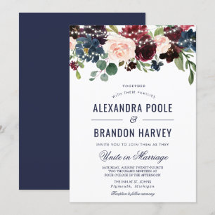 Navy Rose Burgundy Floral String Lights Wedding Invitation