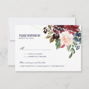 Navy Rose Burgundy Floral String Lights Wedding RSVP Card