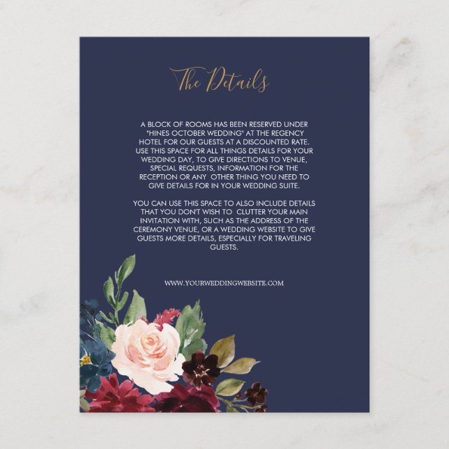 Navy Rose Burgundy Floral Wedding Enclosure Card (Front)
