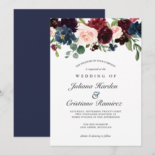 Navy Rose Burgundy Floral Wedding Invitation (Front/Back)