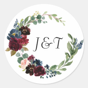 Navy Rose Burgundy Floral Wedding Monogram Classic Round Sticker
