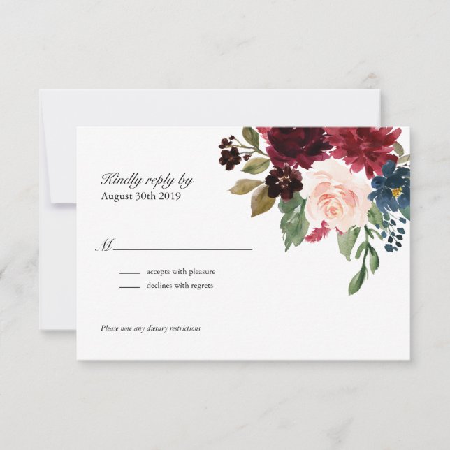 Navy Rose Burgundy Floral Wedding RSVP Card (Front)