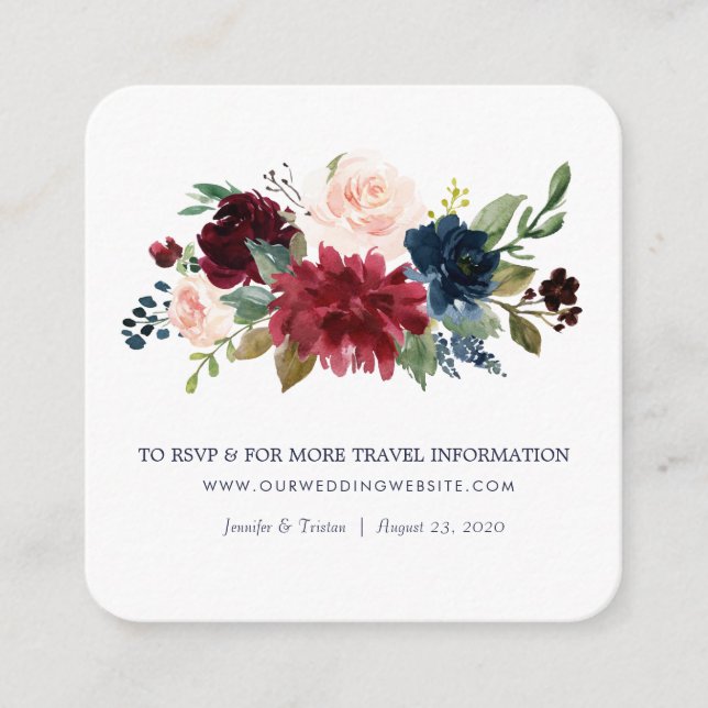 Navy Rose Burgundy Floral Wedding Small Enclosure Card (Front)