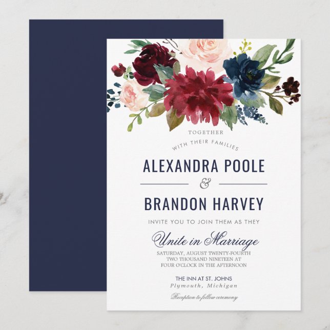 Navy Rose Burgundy Modern Floral Wedding Invitation (Front/Back)