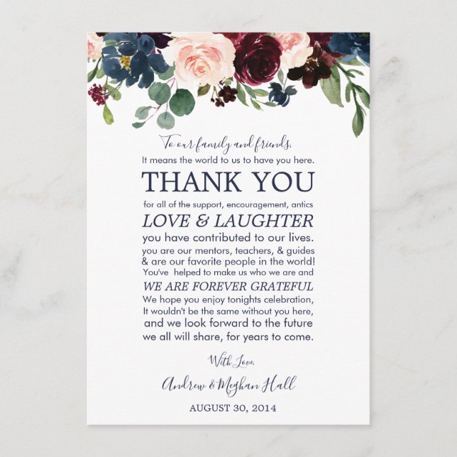 Navy Rose Burgundy Wedding Place Setting Thank You Enclosure Card (Front)
