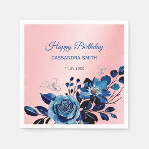 Navy Rose Butterfly Gold Glitter Pink Birthday Napkin