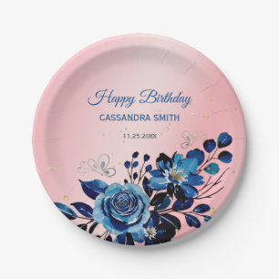 Navy Rose Butterfly Gold Glitter Pink Birthday  Paper Plate