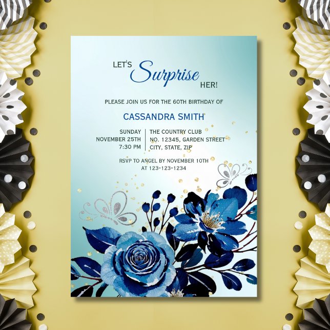 Navy Rose Butterfly Green Surprise Birthday  Invitation (Creator Uploaded)
