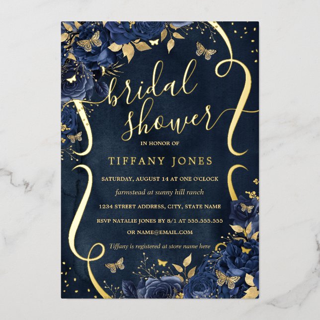 Navy Rose Floral Butterfly Bridal Shower  (Front)