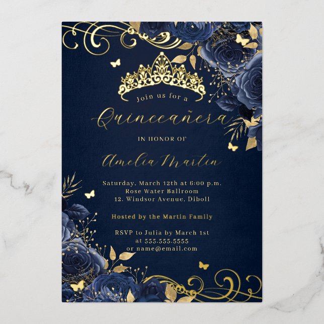 Navy Rose Floral Gold Swirl Quinceanera   (Front)
