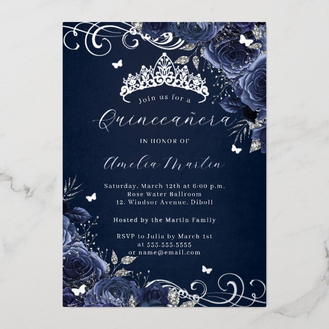 Navy Rose Floral Silver Swirl Quinceanera   (Front)