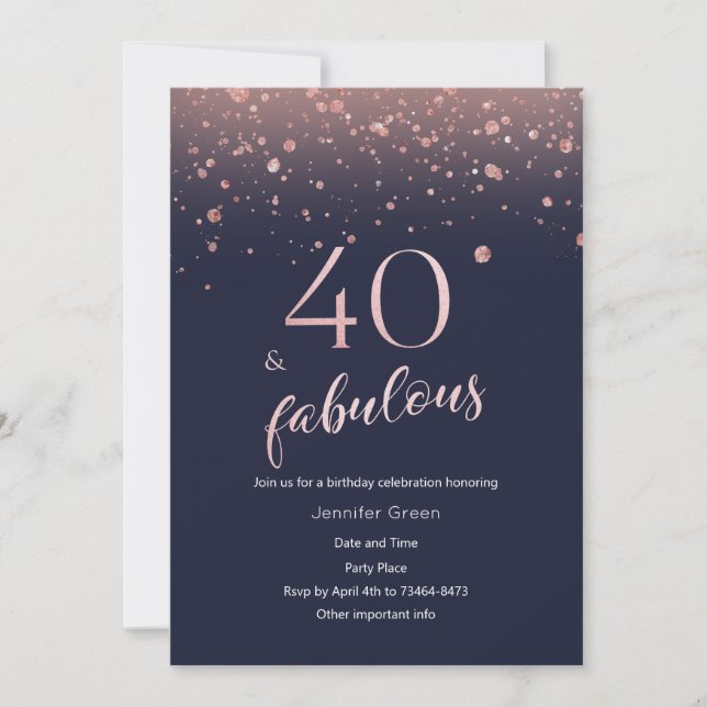 Navy Rose Gold 40th Birthday Invitation (Front)