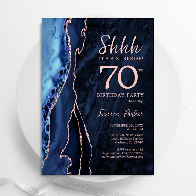Navy Rose Gold Agate Surprise 70th Birthday Invitation (Creator Uploaded)