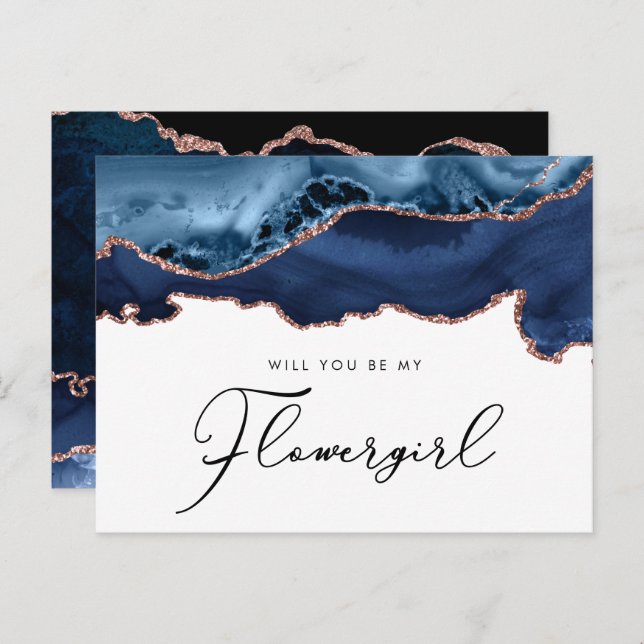 navy rose gold agate will you be my flowergirl invitation postcard (Front/Back)