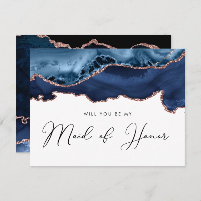 navy rose gold agate will you be my maid of honour invitation postcard (Front/Back)