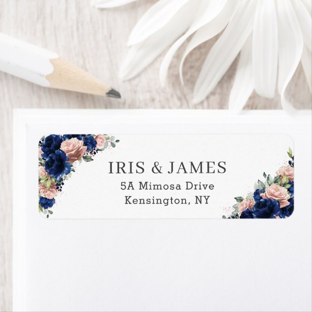 Navy Rose Gold Blush Floral Wedding Return Address (Insitu)