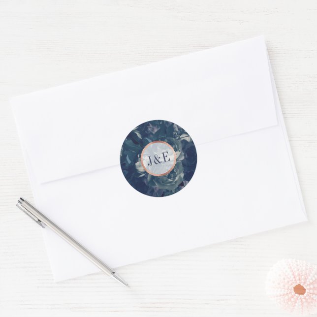 Navy Rose Gold Bouquet Antique Wedding Classic Round Sticker (Envelope)