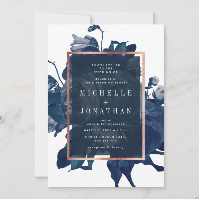 Navy Rose Gold Bouquet Wedding Invitation (Front)