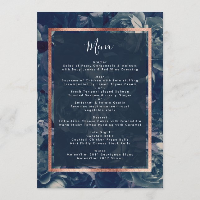 Navy Rose Gold Bouquet Wedding Menu (Front)