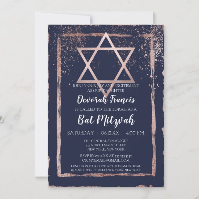Navy Rose Gold Confetti Brushstroke Bat Mitzvah Invitation (Front)