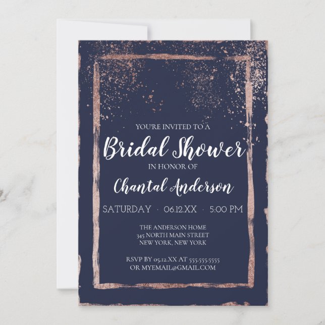 Navy Rose Gold Confetti Brushstroke Bridal Shower Invitation (Front)