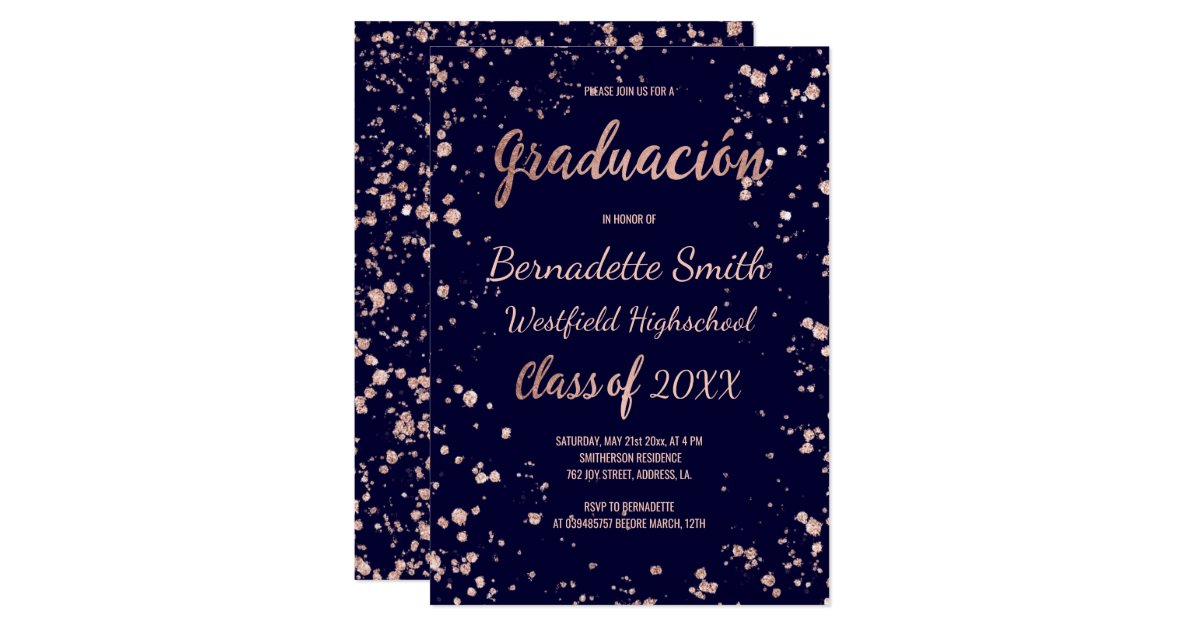 Navy rose gold confetti graduation spanish invitation Zazzle.co.uk