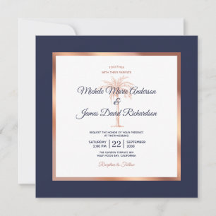 Navy Rose Gold Copper Palm Tree Beach Wedding Invitation