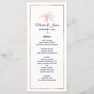Navy Rose Gold Copper Palm Tree Beach Wedding Menu