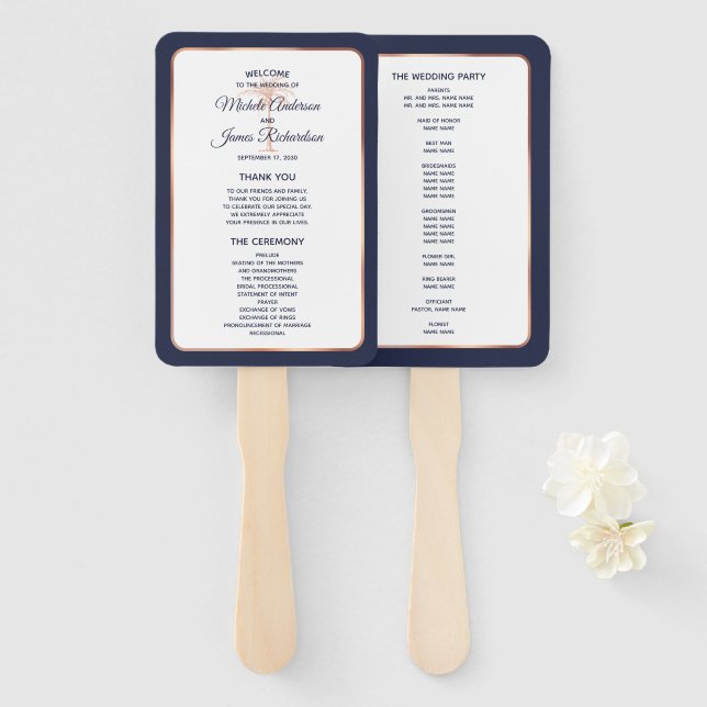 Navy Rose Gold Copper Palm Tree Wedding Program Hand Fan (Front and Back)