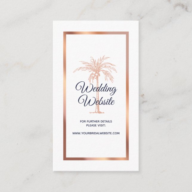 Navy Rose Gold Copper Palm Tree Wedding Website Enclosure Card (Front)