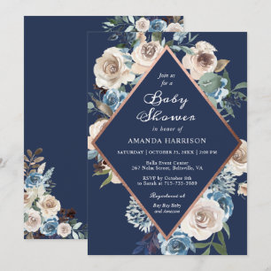Navy Rose Gold Floral Baby Shower Invitation