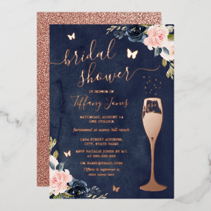 Navy Rose Gold Floral Bubbly Bridal Shower