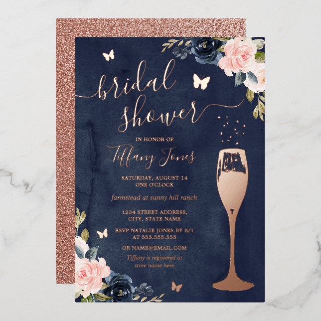 Navy Rose Gold Floral Bubbly Bridal Shower (Front/Back)
