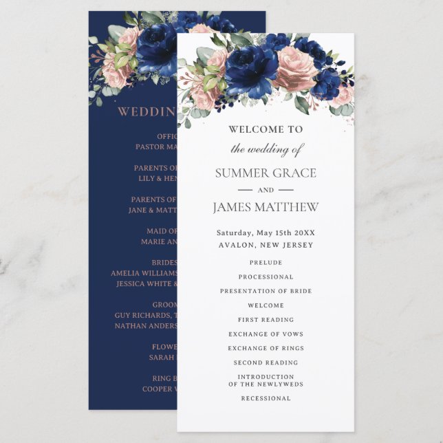 Navy Rose Gold Floral Greenery Boho Wedding Programme (Front/Back)