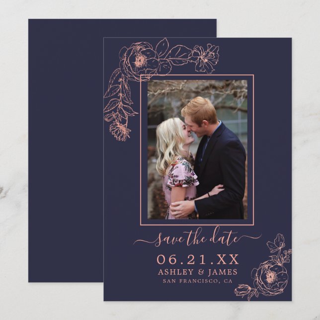 Navy Rose Gold Floral Photo Wedding Save The Date Invitation (Front/Back)