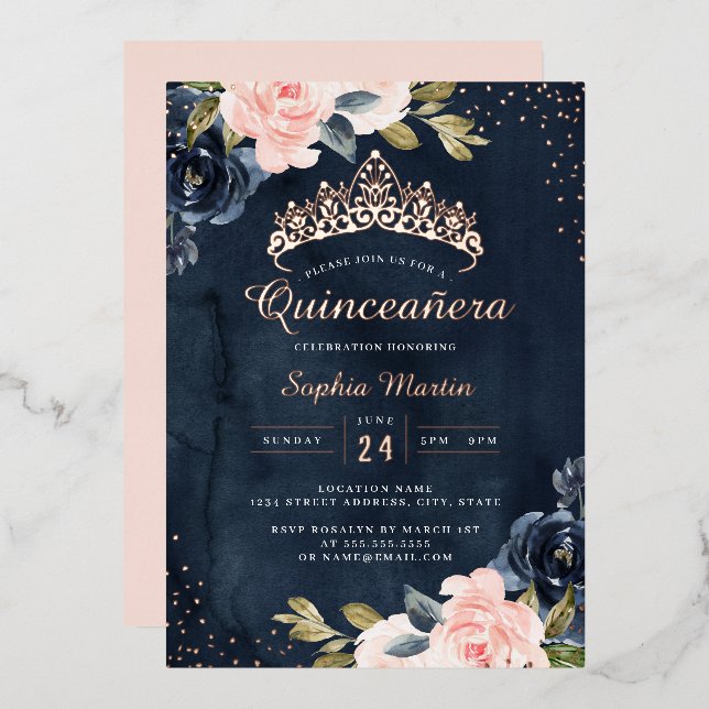 Navy Rose Gold Floral Quinceanera  Foil Invitation (Front/Back)